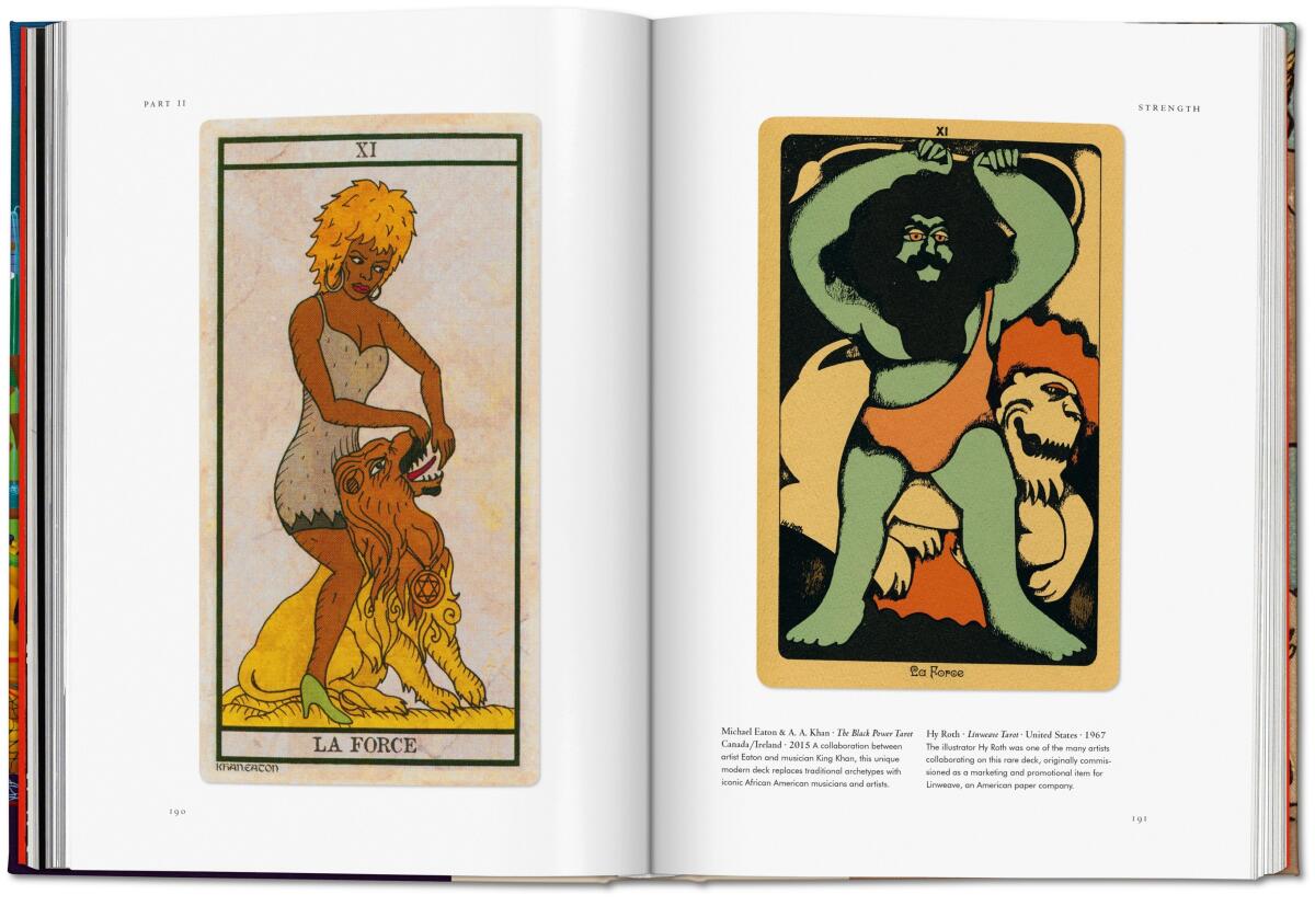 Two pages of artwork from Taschen's "Tarot. The Library of Esoterica" 