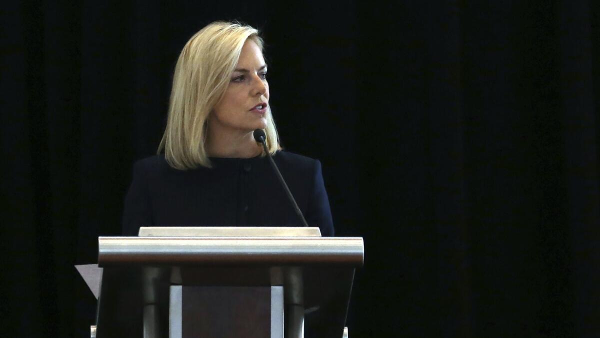 Homeland Security Secretary Kirstjen Nielsen addresses a convention of state secretaries of state Saturday in Philadelphia.