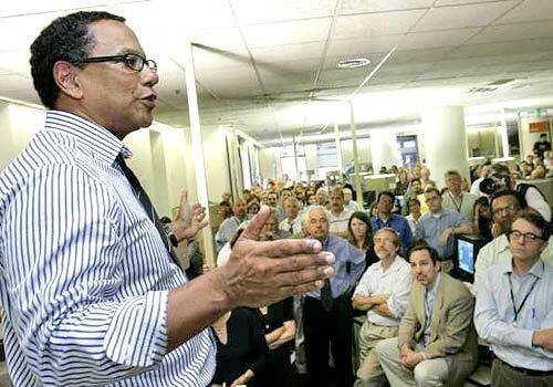 Los Angeles Times Editor Dean Baquet addresses the newsroom this afternoon. The publisher asked Baquet to resign his post after Baquet refused further cuts to the editorial staff.