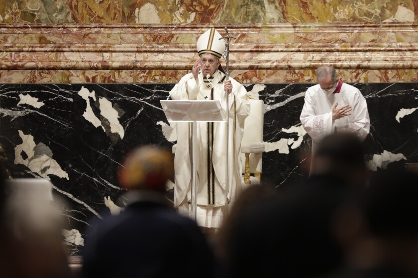 Pope Francis celebrates a Mass with members of religious institutions on the occasion of the celebration of the World Day of Consecrated Life, in St. Peter's Basilica at the Vatican, Tuesday, Feb. 2, 2021. (AP Photo/Andrew Medichini, pool)