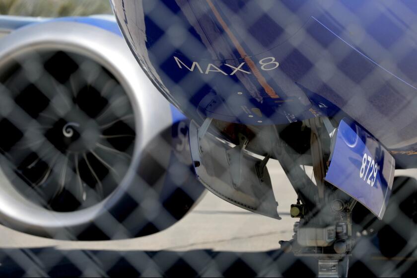 BURBANK, CALIF. -- WEDNESDAY, MARCH 13, 2019: A Southwest Airlines Boeing 737 Max 8 plane is grounded at Hollywood Burbank Airport in Burbank, Calif., on March 13, 2019. President Donald Trump's administration is grounding Boeing 737 Max planes. (Gary Coronado / Los Angeles Times)