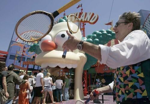 Jimi Juggle performs outside The Simpsons Ride, which is now open at Universal Studios Hollywood.