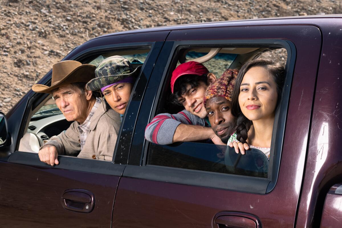 San Diego Repertory Theatre's "Mother Road" cast in a car together