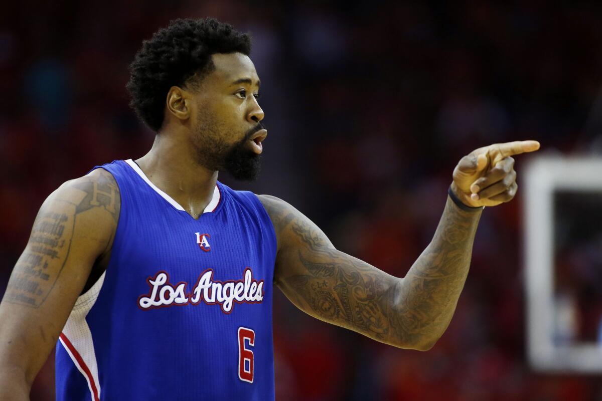 DeAndre Jordan reacts during Game 7 of the NBA Western Conference semifinals against the Houston Rockets on May 17 in Houston.