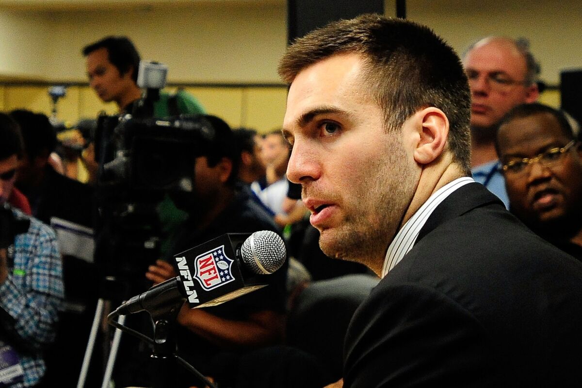 Baltimore Ravens quarterback Joe Flacco speaks to the media in New Orleans on the first day of Super Bowl week.