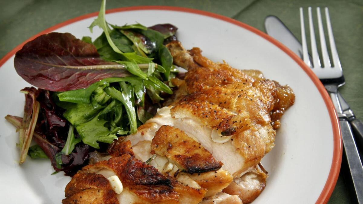 Campanile's crispy flattened chicken, a recipe from chef Mark Peel.