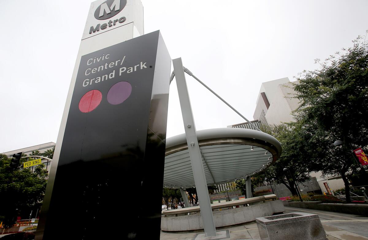 The entrance to the Red Line station in Grand Park on Dec. 23, 2016. The Metropolitan Transportation Authority has approved a policy that will allow corporations to buy the naming rights for Metro rail lines and stations.