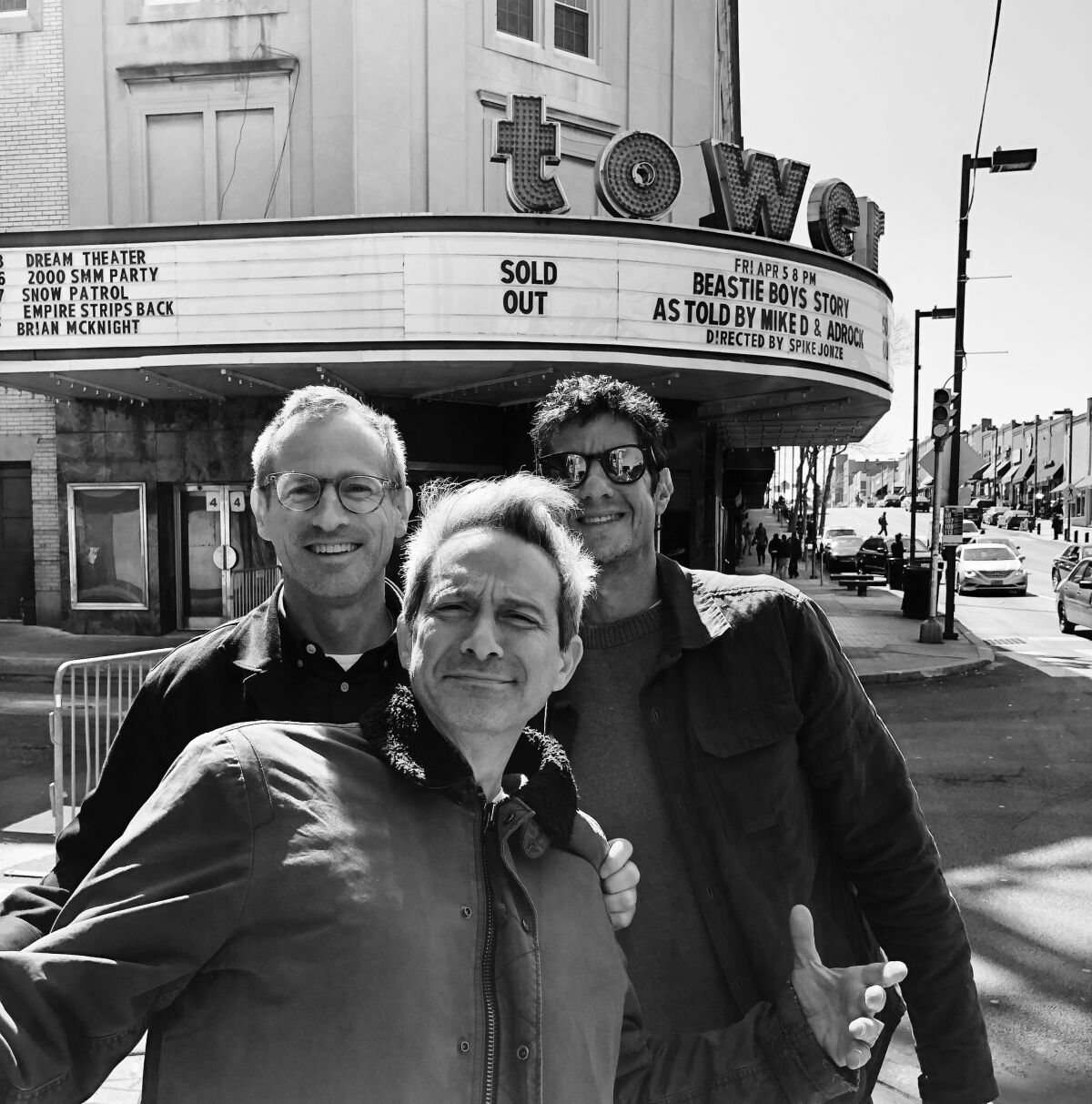 Spike Jonze, left, Adam Horovitz and Mike Diamond outside the live show rehearsals for the “Beastie Boys Story.”