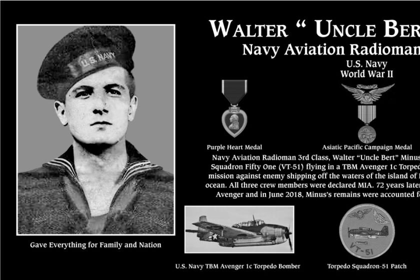 A mock-up of the plaque that will be unveiled at the Mount Soledad National Veterans Memorial honoring Walter Mintus.