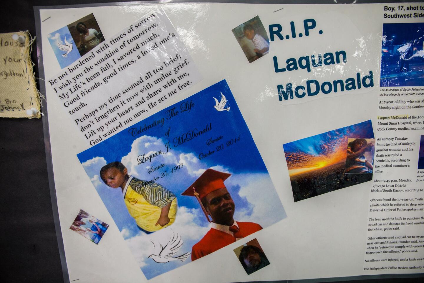 A memorial for 17-year-old Laquan McDonald is posted in the hallway of Sullivan House Alternative High School in Chicago on April 17, 2015.