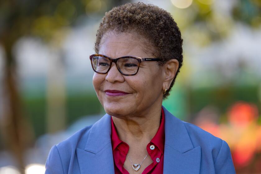 LOS ANGELES, CA - NOVEMBER 28: Mayor Karen Bass at the renaming of Yaangna Park, in honor of the original Tongva-Gabrieleno Native American settlement located near the park site across from Union Station on Tuesday, Nov. 28, 2023 in Los Angeles, CA. (Irfan Khan / Los Angeles Times)