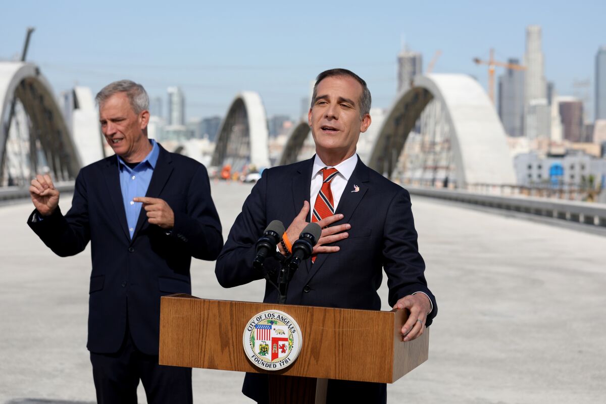 Los Angeles Mayor Eric Garcetti delivers his final State of the City address from the Sixth Street Bridge 