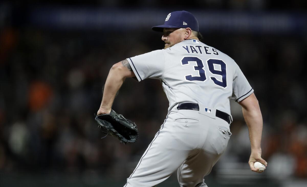 San Diego Padres reliever Kirby Yates pitches against the San Francisco Giants on Aug. 31, 2019.