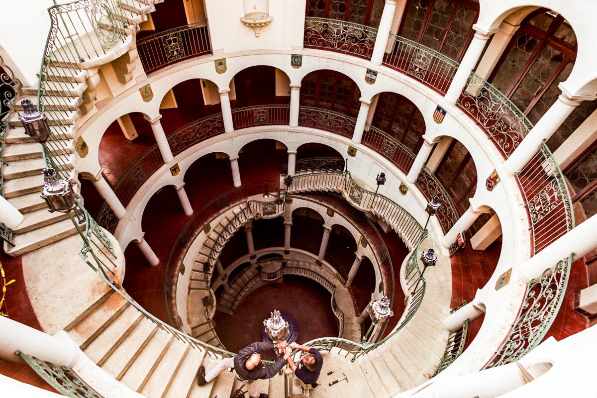 Looking down the interior spiral staircase