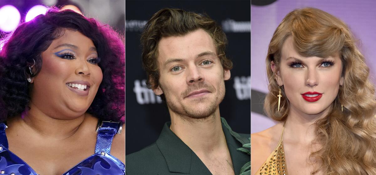 This combination of photos show Lizzo performing on NBC's "Today" show in New York on July 15, 2022, left, Harry Styles at the premiere of "My Policeman" during the Toronto International Film Festival on Sept. 11, 2022, center, and Taylor Swift at the American Music Awards in Los Angeles on Nov. 20, 2022. Lizzo, Styles, and Swift lead the 2023 iHeartRadio Music Awards nominations with seven nods each. (AP Photo)