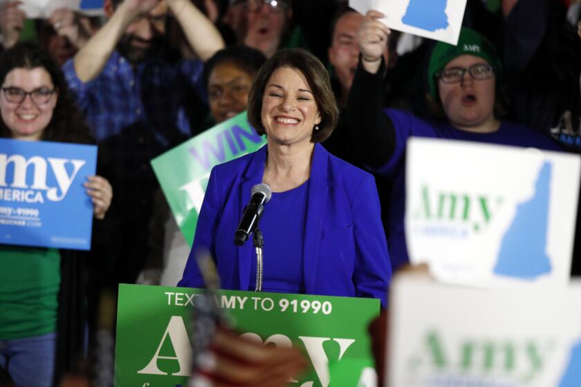 Democratic presidential candidate Sen. Amy Klobuchar, D-Minn., speaks at her election night party, Tuesday, Feb. 11, 2020, in Concord, N.H. (AP Photo/Robert F. Bukaty)