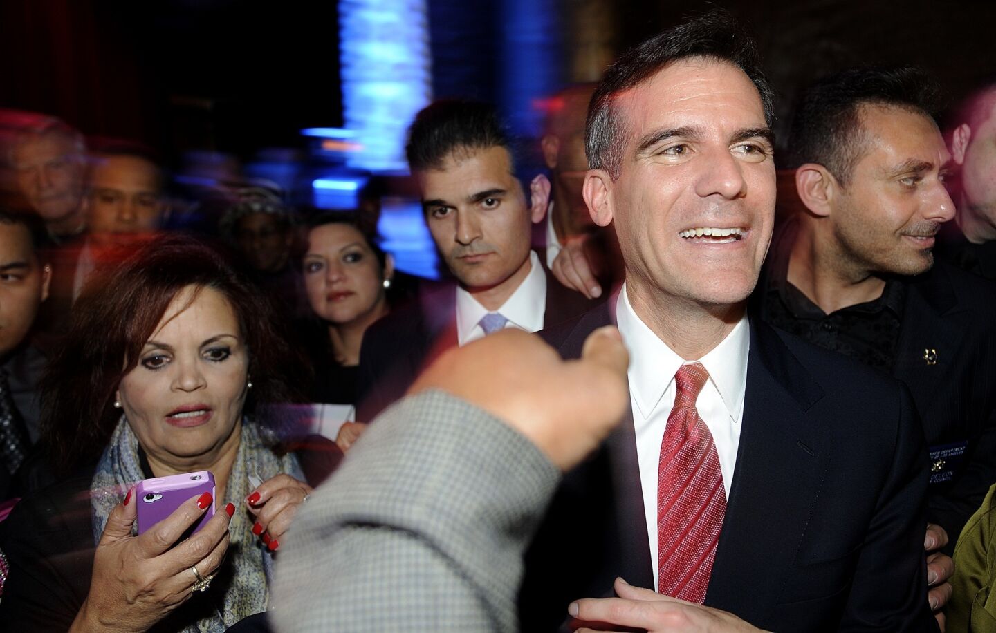 Mayoral candidate Eric Garcetti greets his supporters on election night at the Avalon in Los Angeles on Tuesday.