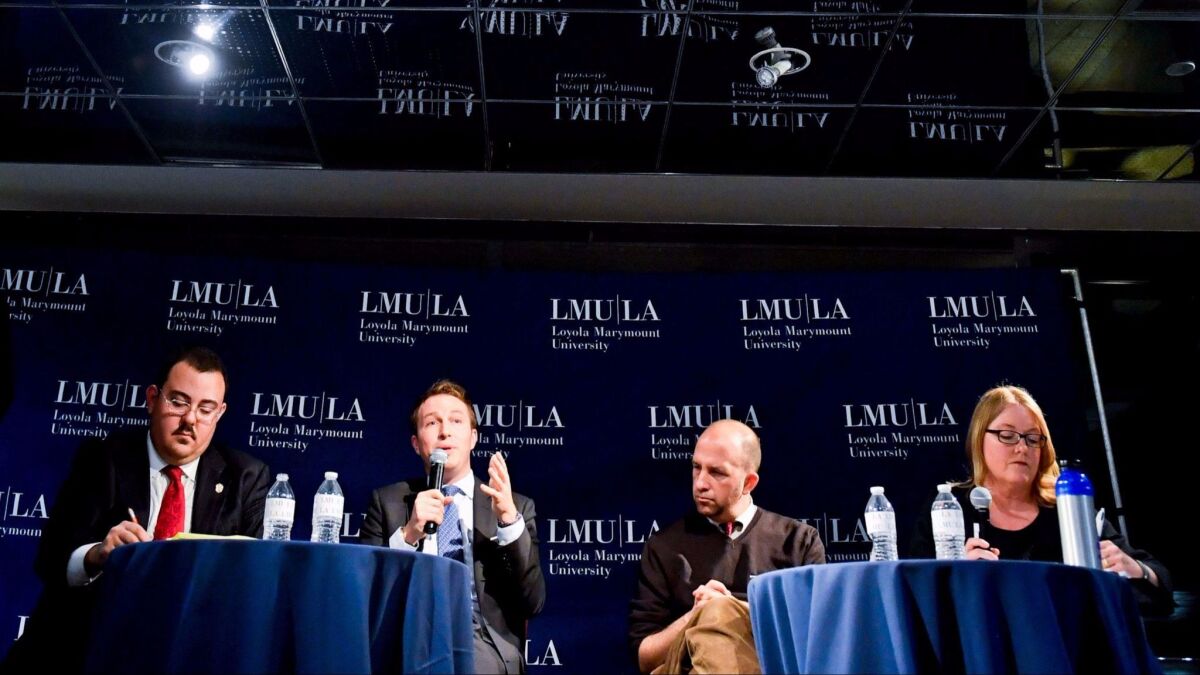Candidates in District 4 of the L.A. Board of Education debate at Loyola Marymount University in February. From left to right, Gregory Martayan, Nick Melvoin, incumbent Steve Zimmer and Allison Holdorff Polhill.
