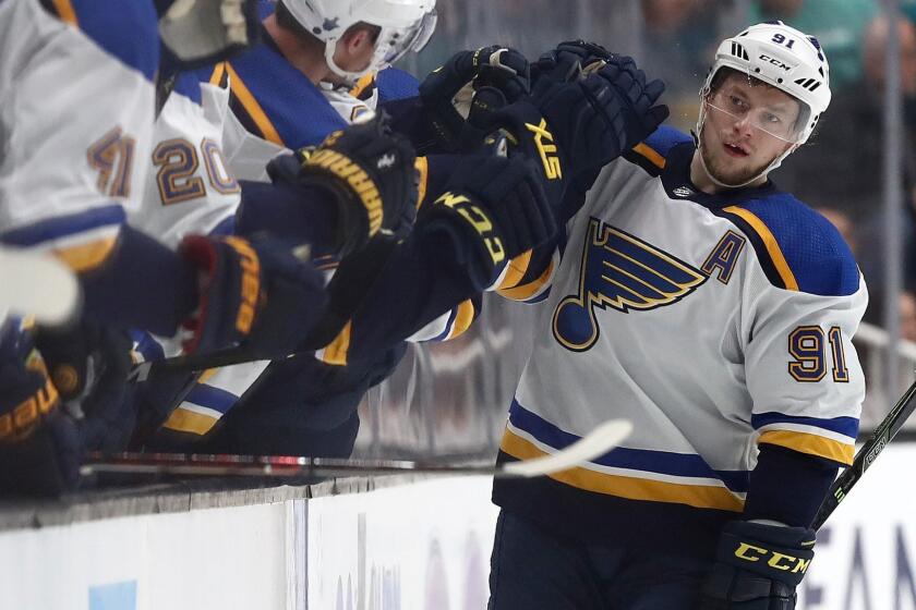 SAN JOSE, CALIFORNIA - MAY 19: Vladimir Tarasenko #91 of the St. Louis Blues celebrates after a goal against the San Jose Sharks in the second period of Game Five of the Western Conference Final during the 2019 NHL Stanley Cup Playoffs at SAP Center on May 19, 2019 in San Jose, California. (Photo by Ezra Shaw/Getty Images) ** OUTS - ELSENT, FPG, CM - OUTS * NM, PH, VA if sourced by CT, LA or MoD **