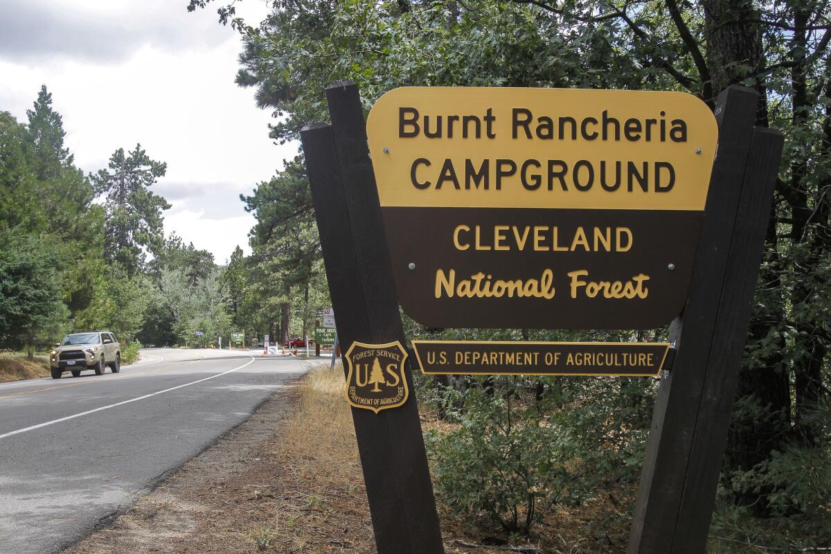The sign for the Burnt Rancheria Campground on the Sunrise Highway in the Laguna Mountains.