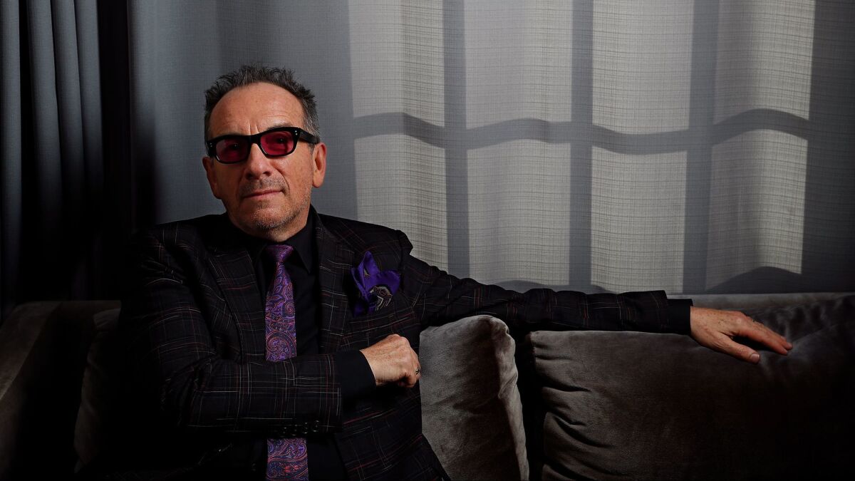 Elvis Costello is at the Roosevelt Hotel in Los Angeles on Nov. 13, 2017.