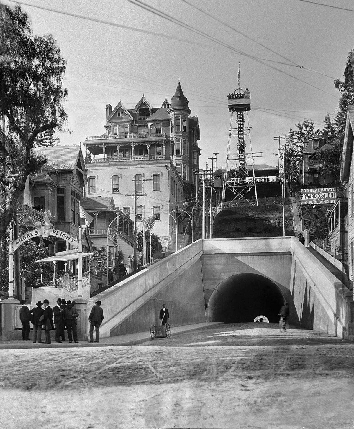 Angels Flight at the corner of 3rd and Hill streets in downtown Los Angeles on opening day, Dec. 31, 1901.