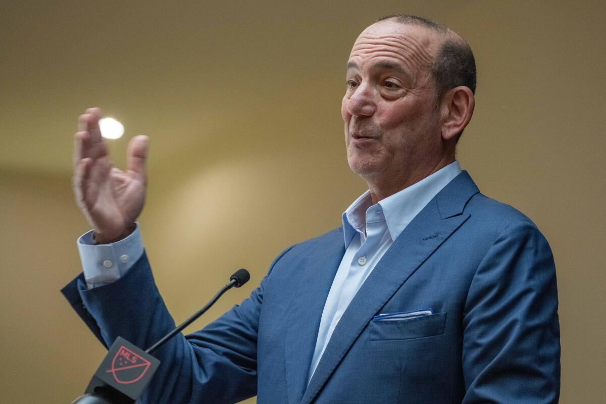 MLS Commissioner Don Garber speaks with reporters during MLS All-Star week.