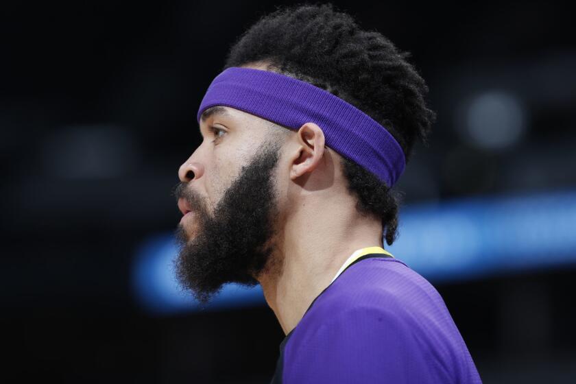 Los Angeles Lakers center JaVale McGee (7) in the first half of an NBA basketball game Tuesday, Nov. 27, 2018, in Denver. (AP Photo/David Zalubowski)