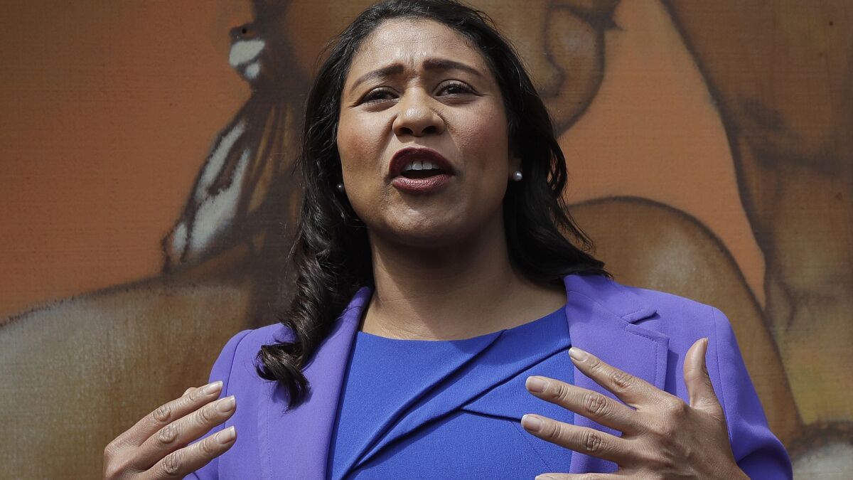 London Breed, president of the Board of Supervisors, speaks to reporters in San Francisco on June 6.