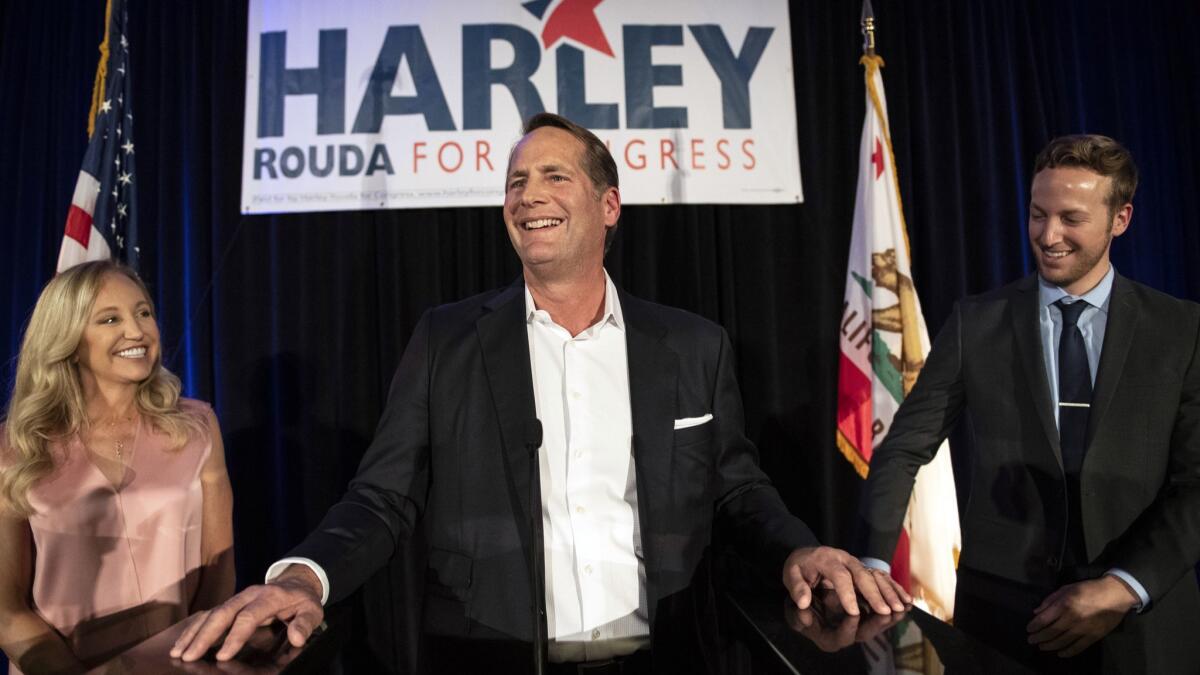 Harley Rouda (D-Laguna Beach) addresses his supporters at an Election Night party Nov. 6. Rouda defeated longtime incumbent Dana Rohrabacher (R-Costa Mesa) for the 48th Congressional District seat.
