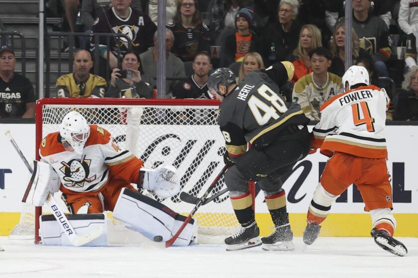 Vegas Golden Knights center Tomas Hertl (48) scores a goal past Anaheim Ducks goaltender James Reimer (47) during the third period of an NHL hockey game Sunday, Oct. 13, 2024, in Las Vegas. (AP Photo/Ian Maule)