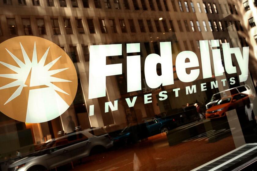 NEW YORK, NEW YORK--Nov. 4, 2014--Fidelity Investments corporation logo on Broadway in New York near Wall Street. (Carolyn Cole/Los Angeles Times)
