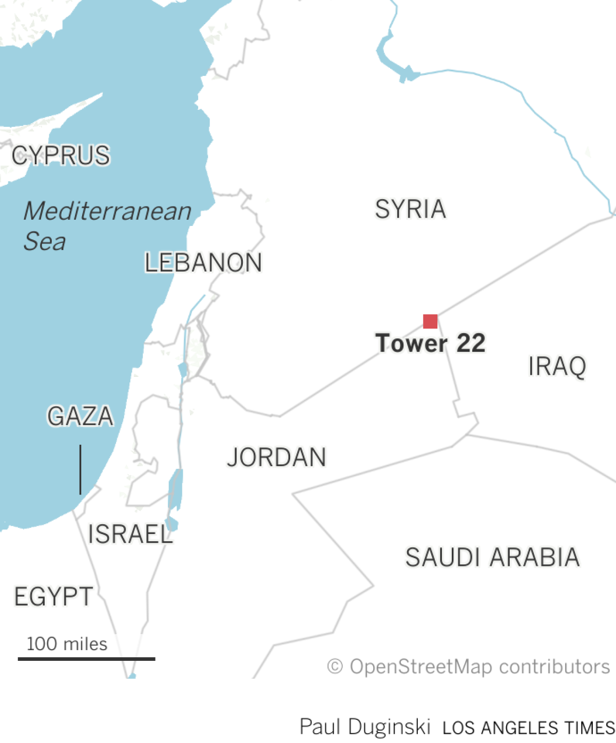 Locator map of Tower 22, U.S. facility in Jordan where service personnel were killed and wounded in a drone attack.