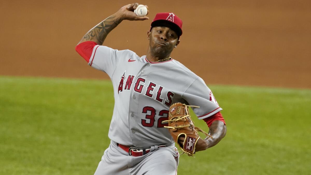 Los Angeles Angels relief pitcher Raisel Iglesias throws to the Texas Rangers during a baseball game this year.