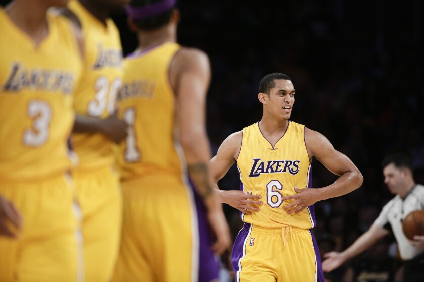 Lakers guard Jordan Clarkson walks on the court during a preseason game against the Portland Trail Blazers on Oct. 19.