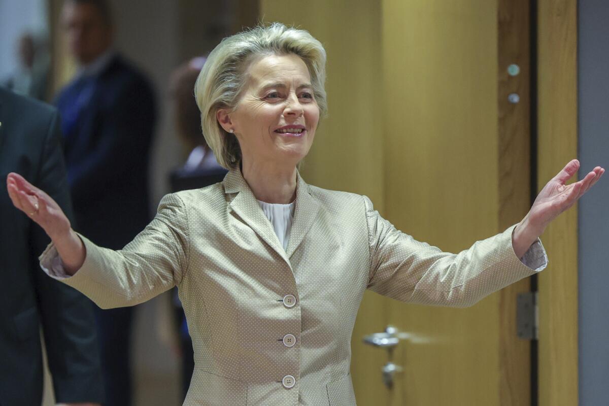 European Commission President Ursula von der Leyen arrives for the second day's session of an extraordinary meeting of EU leaders to discuss Ukraine, energy and food security at the Europa building in Brussels, Tuesday, May 31, 2022. (AP Photo/Olivier Matthys)