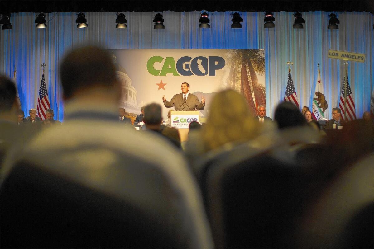 Broadening the Republican reach has been a focus of state party Chairman Jim Brulte, who has advocated flexibility to allow candidates to conform to the views of their districts. Above, Brulte addresses delegates Sunday at the state GOP convention in Anaheim.