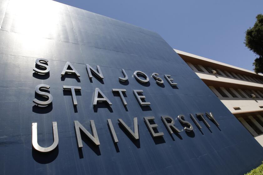 File - In this June 30, 2011 file photo is an exterior view of San Jose State University in San Jose, Calif. 