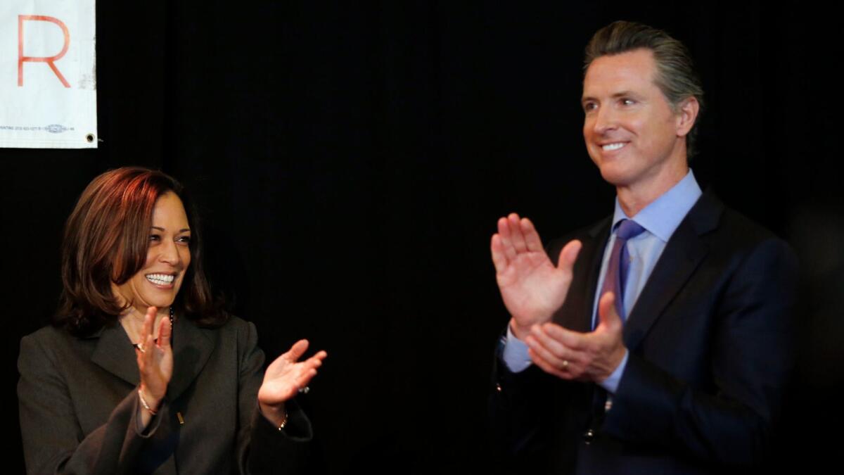 Sen. Kamala Harris, left, endorses California Lt. Gov. Gavin Newsom for the California governor's race in 2018.