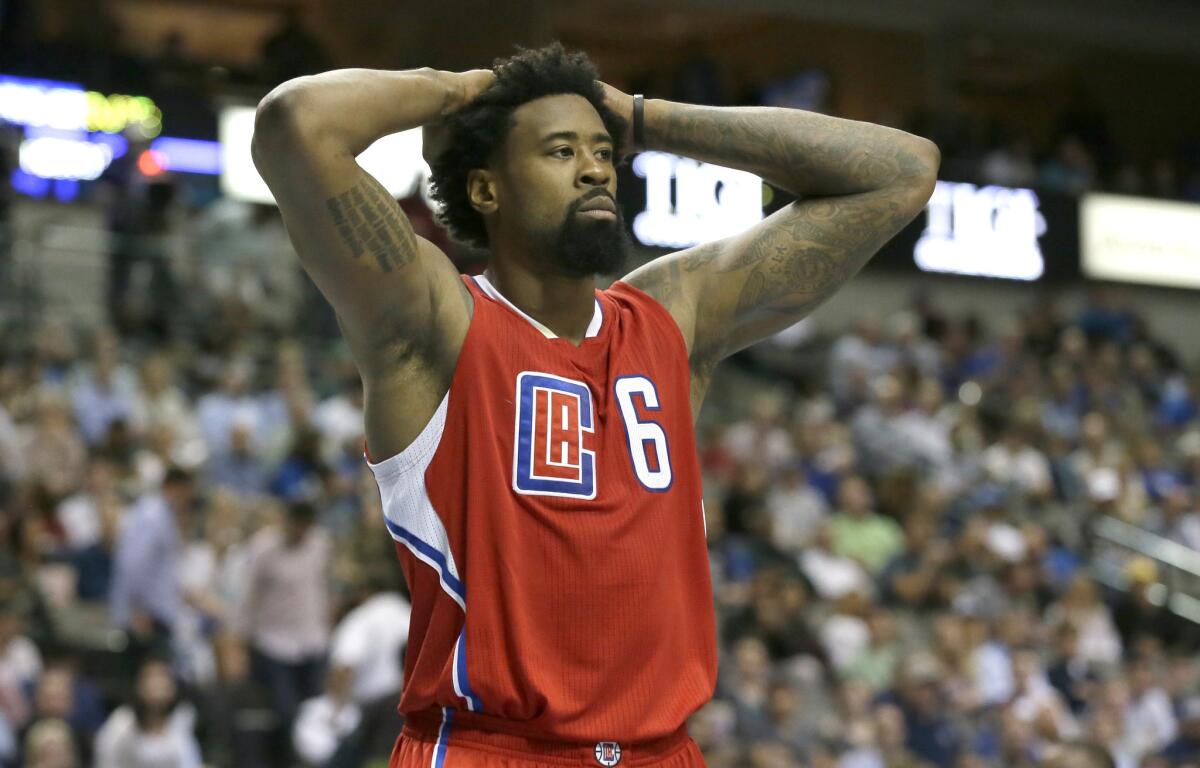 DeAndre Jordan reacts to a call during the Clippers' game against the Mavericks in Dallas on Nov. 11.