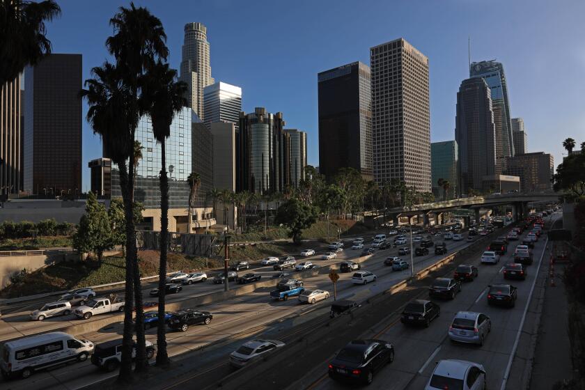 LOS ANGELES, CALIF. -- TUESDAY, SEPTEMBER 17, 2019: Downtown Los Angeles seen from the 110 Freeway in Los Angeles, Calif., on Sept. 17, 2019. (Gary Coronado / Los Angeles Times)