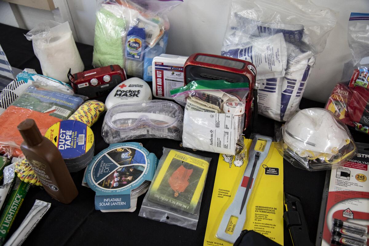 Items for emergencies, including duct tape, face masks and a first-aid kit.