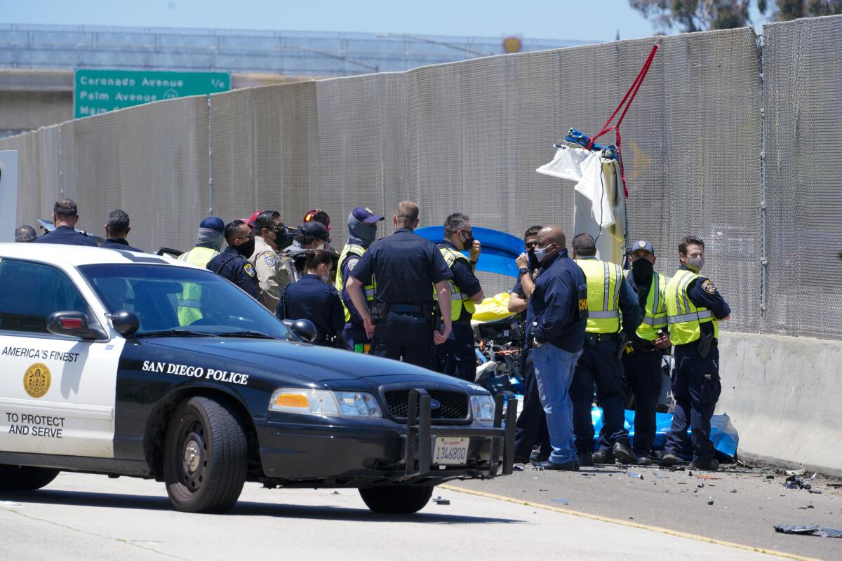 The scene of the wrong-way crash Friday morning that killed San Diego police detectives on Interstate 5 in San Ysidro