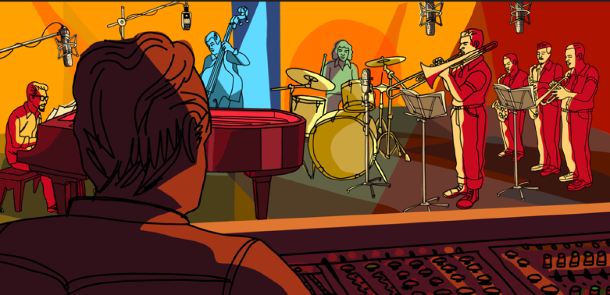 A hand-drawn frame from the animated feature "They Shot the Piano Player" depicts a 1970s bossa nove recording session.