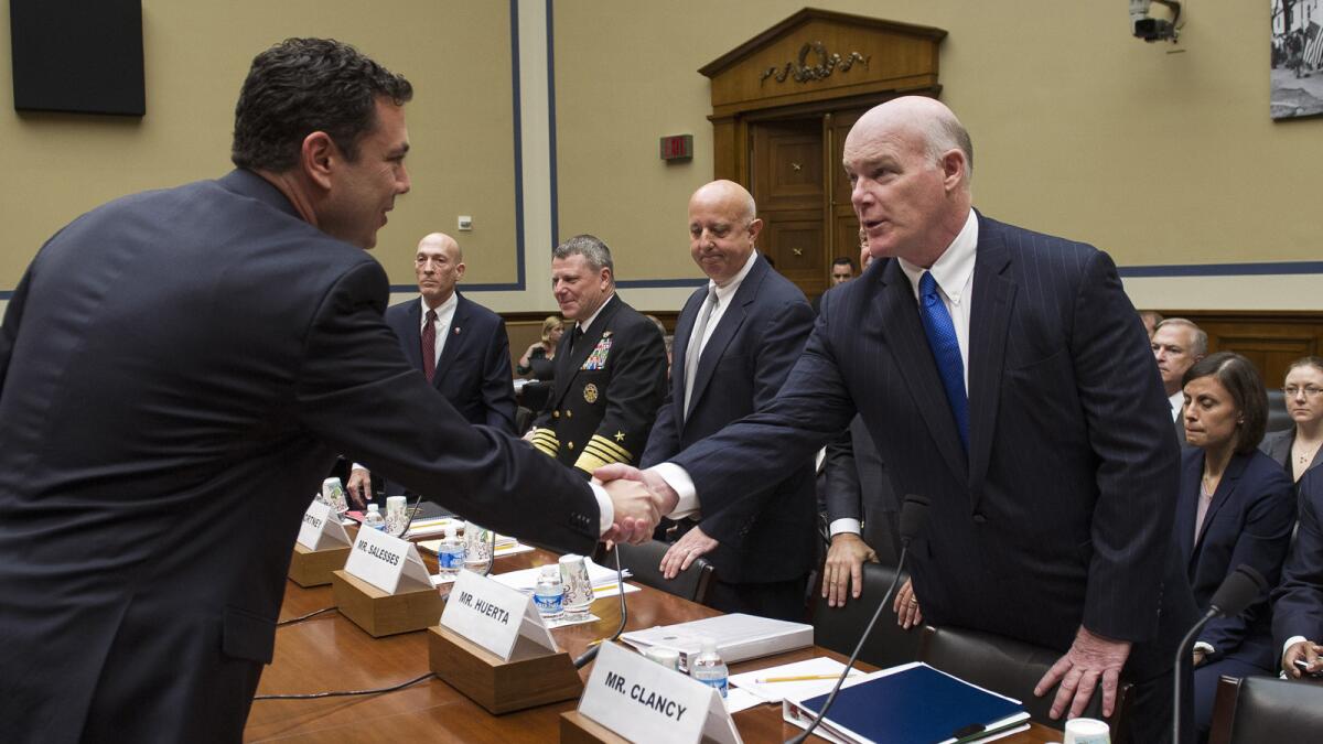 The House Oversight and Government Reform Committee Chairman, Rep. Jason Chaffetz (R-Utah), left, greets Secret Service Director Joseph Clancy at an April 29 hearing in Washington.