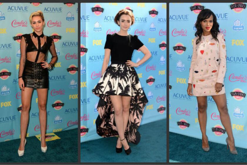 Singer Miley Cyrus, actress Lily Collins and actress Kerry Washington attend the Teen Choice Awards at the Gibson Amphitheatre in Universal City.