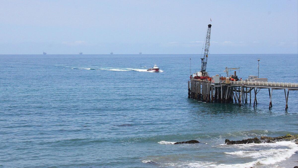 Oil drilling near a service pier in the Santa Barbara Channel off the coast of Southern California near Carpinteria on May 16, 2015.
