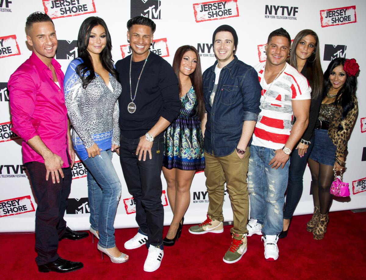 "Jersey Shore" cast members, from left, Mike "The Situation" Sorrentino, Jenni "JWoww" Farley, Paul "Pauly D" Delvecchio, Deena Cortese, Vinny Guadagnino, Ronnie Ortiz-Magro, Sammi "Sweetheart" Giancola and Nicole "Snooki" Polizzi.