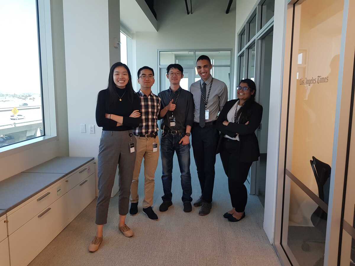 The Los Angeles Times 2019 creative technologist internship team consists of, from left, Genesia Ting, Zhen Fan, Alex Li, James Tyner and Mansi Ganatra.