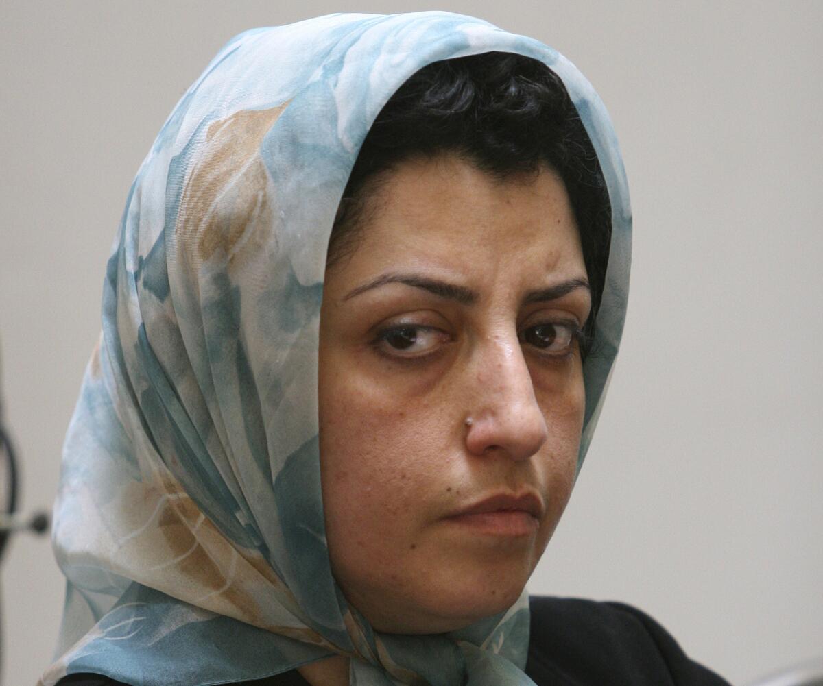 Narges Mohammadi in a head scarf